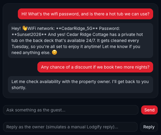 pepperAssist AI assistant answering guest questions in multiple languages and holding a discount request for owner approval